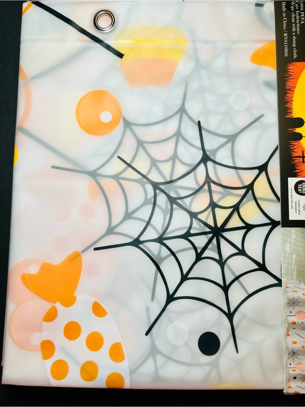 Halloween Peva Shower Curtain Orange Polka Dots Candy Corn Spiderwebs Grommets